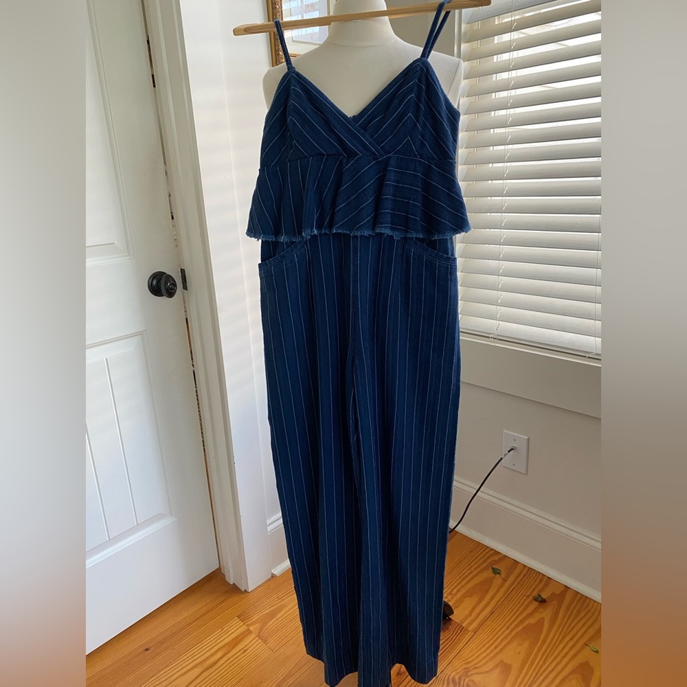 Anthropologie Blue Pinstriped Ruffle Jumpsuit  XS